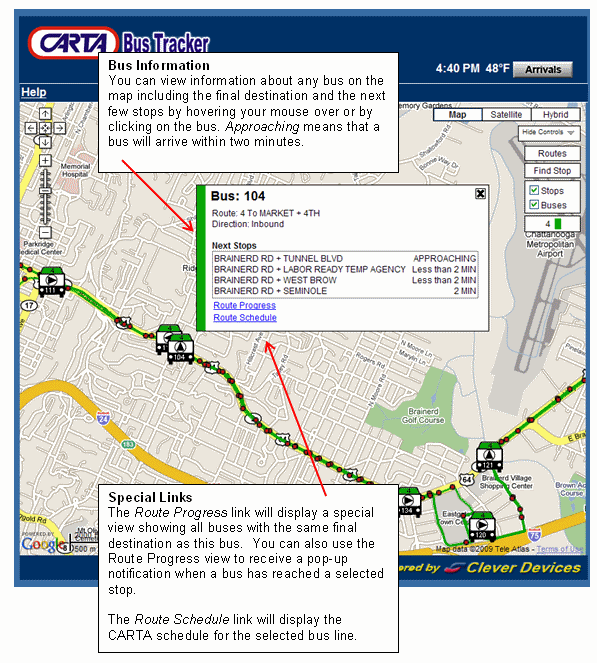 Bus Information - You can view information about any bus on the map including the final destination and the next few stops by clicking on the bus. Special Links - The Route Progress link will display a special view showing all buses with the same final destination as this bus.  You can also use that view to receive a pop-up notification when a bus has reached a selected stop. The Route Schedule link will display the TheBus schedule for the selected bus line.